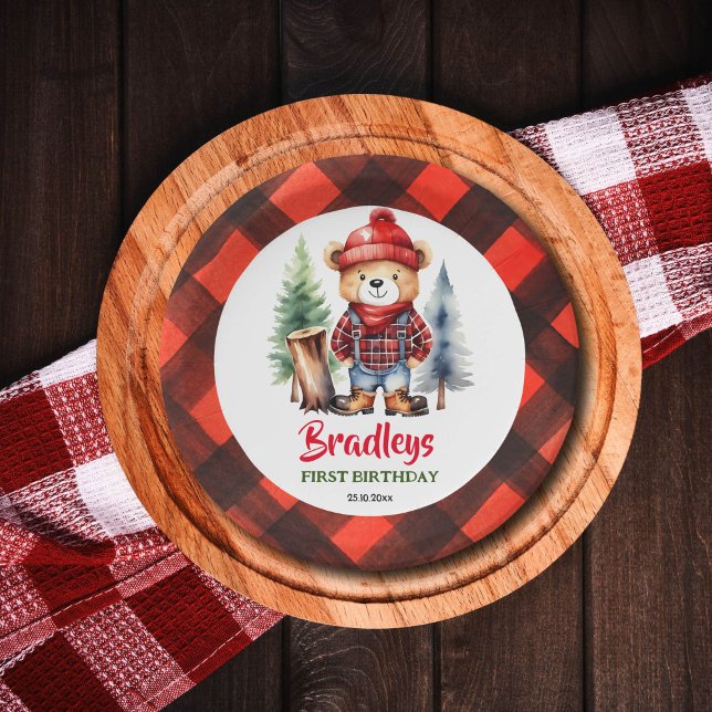 Prato De Papel Ursinho de pelúcia bonitinho de mesa do Lumberjack (Lumberjack party plates cute little lumberjack teddy bear in clothes and boots log fir trees)