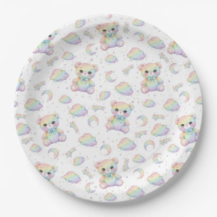 Prato De Papel Urso Arco-Íris Fofo e Padrão de Nuvens Pastel