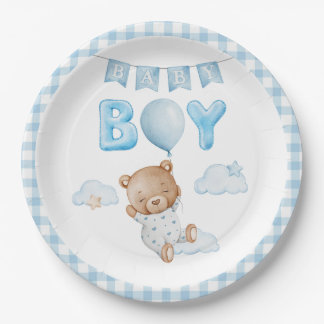 Prato De Papel Urso azul com Chá de fraldas de balão