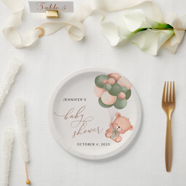 Prato De Papel Urso Bebê, Urso Teddy, Balões Verdes, Chá de frald (Casamento)