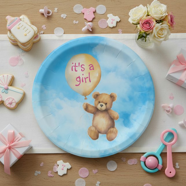 Prato De Papel Urso bonito, é um chá de fraldas de balão feminino (Cute teddy bear it's a girl balloon baby shower paper plates.)