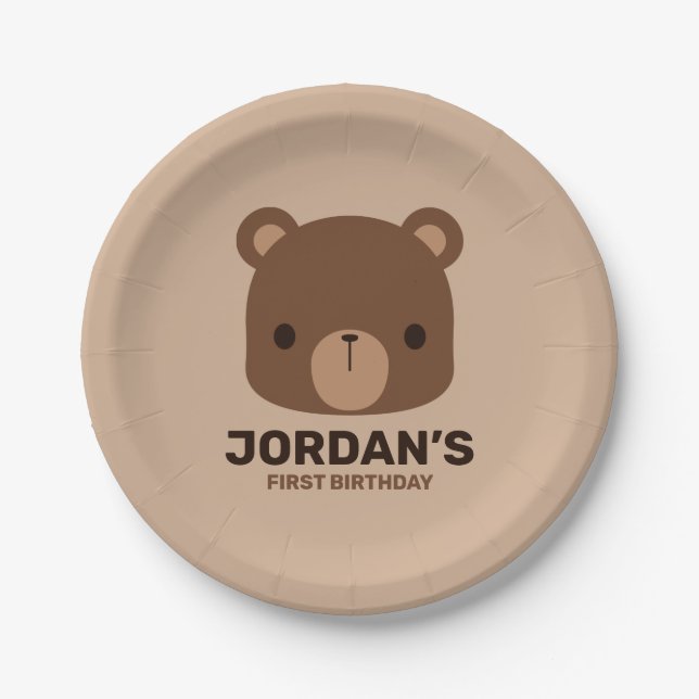 Prato De Papel Urso Castanho Bonito com Nome Personalizado (Frente)