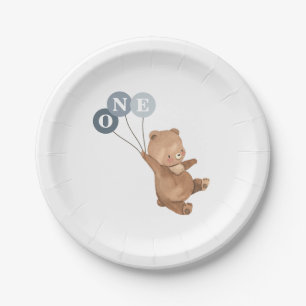 Prato De Papel Urso com 3 primeiro aniversario de Balões Azuis