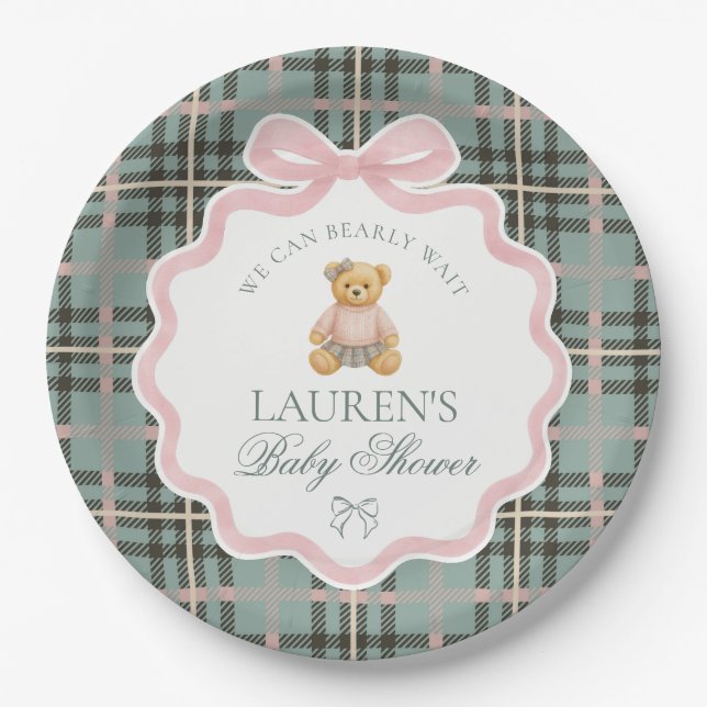 Prato De Papel Urso com Laço Coquete Rosa Chá de Bebê Xadrez  (Frente)