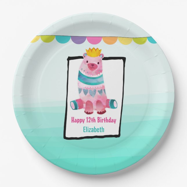 Prato De Papel Urso de Aquarela Cuja Coroa Veste Aniversário (Frente)