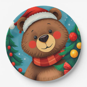 Prato De Papel Urso de Chapéu de Papai Noel Entre Árvores de Nata