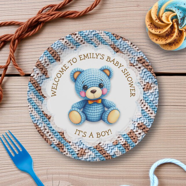 Prato De Papel Urso de Crochê Azul e Marrom É um Menino (Criador carregado)