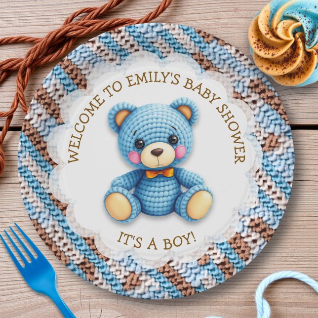 Prato De Papel Urso de Crochê Azul e Marrom É um Menino (Criador carregado)
