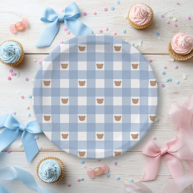 Prato De Papel Urso de Gingham Azul - Quase Chegando Bebê Menino  (Criador carregado)