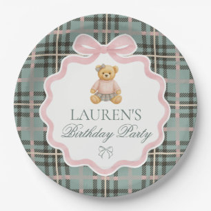 Prato De Papel Urso de Laço Coquete Rosa Plaid Aniversário