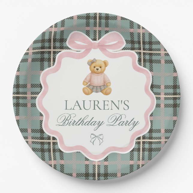 Prato De Papel Urso de Laço Coquete Rosa Plaid Aniversário  (Frente)