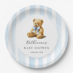 Prato De Papel Urso de Listras Azuis Baby Shower