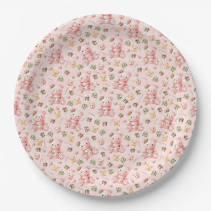 Prato De Papel Urso de Macaron de Morango Fofo e Frutas