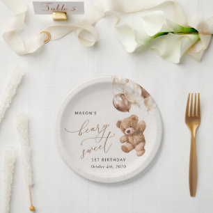 Prato De Papel Urso de Pelúcia, Balões Marrons, Primeiro Aniversá