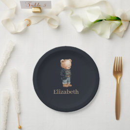 Prato De Papel Urso de pelúcia de nome personalizado azul marinho