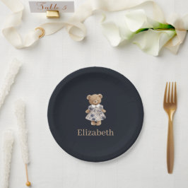 Prato De Papel Urso de pelúcia de nome personalizado azul marinho