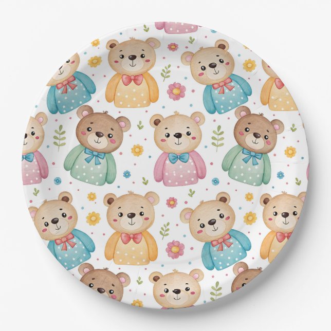 Prato De Papel Urso de pelúcia e flores (Frente)