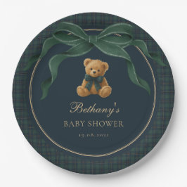Prato De Papel Urso de pelúcia em xadrez escocês vintage com laço