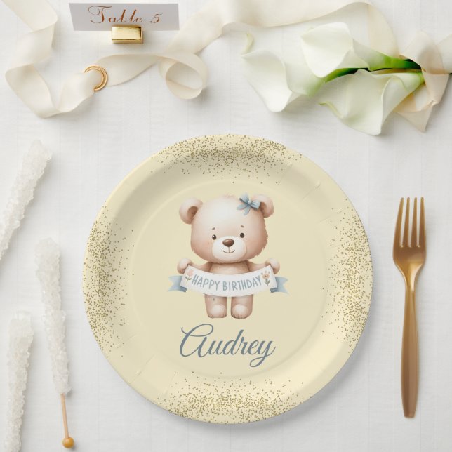 Prato De Papel Urso de Pelúcia Fofo com Aniversário (Casamento)