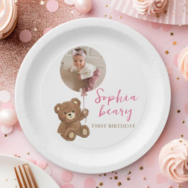 Prato De Papel Urso de Pelúcia Rosa Foto de Primeiro Aniversário
