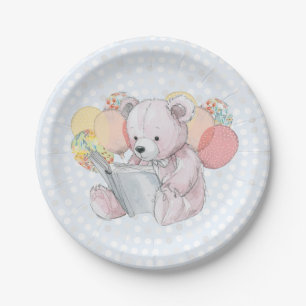 Prato De Papel Urso de pelúcia rosa lendo um livro