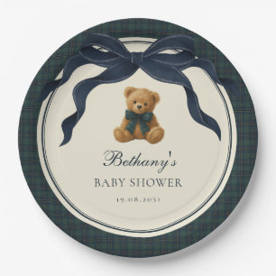 Prato De Papel Urso de pelúcia xadrez Polo vintage com laço azul 