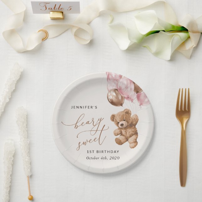 Prato De Papel Urso de Teddy, Balões Rosa, Primeiro Aniversário (Casamento)