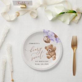 Prato De Papel Urso de Teddy, Balões Roxos, Primeiro Aniversário