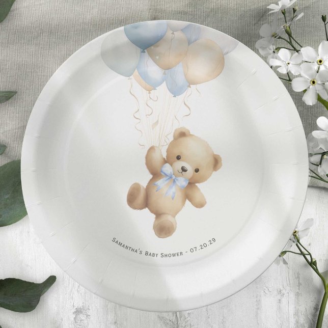 Prato De Papel Urso de Teddy Bonito de Espera e Balões Azuis (Blue We can Bearly Wait, baby Boy Shower paper plate.)