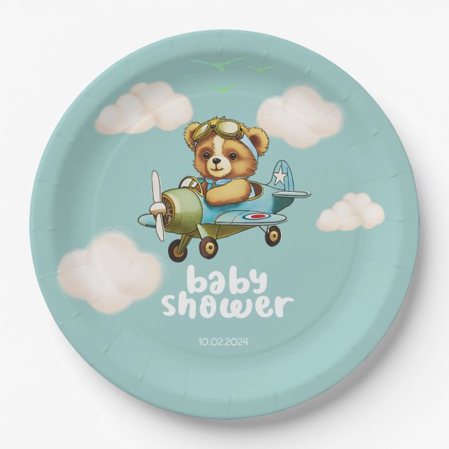 Prato De Papel Urso de Teddy Piloto de Avião a Aquarela (Frente)