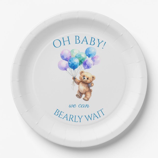 Prato De Papel Urso de Teddy segurando balões flutuando (Frente)