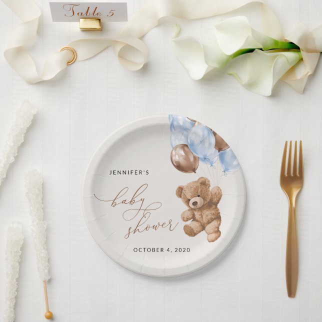 Prato De Papel Urso De Teddy, Urso De Bebê, Balões Azuis, Chá de  (Casamento)