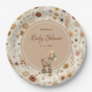 Prato De Papel Urso de Terracota Boho Floral Chá de Bebê