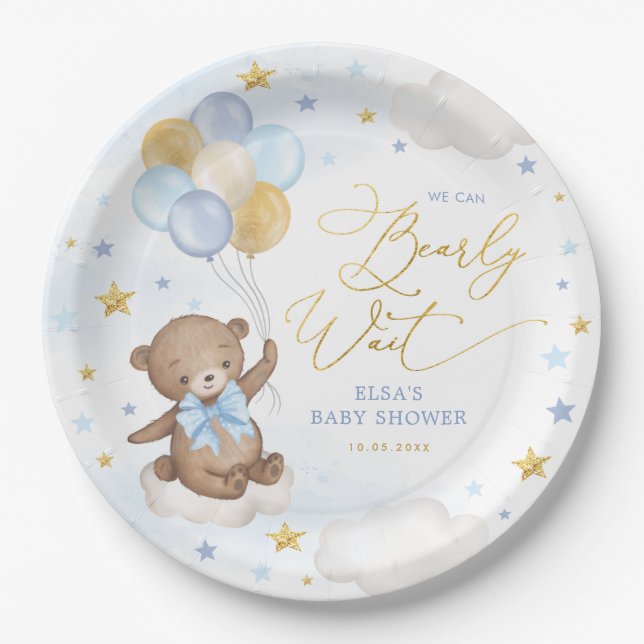 Prato De Papel Urso Dourado Azul com Balões Nuvens Estrelas Garot (Frente)