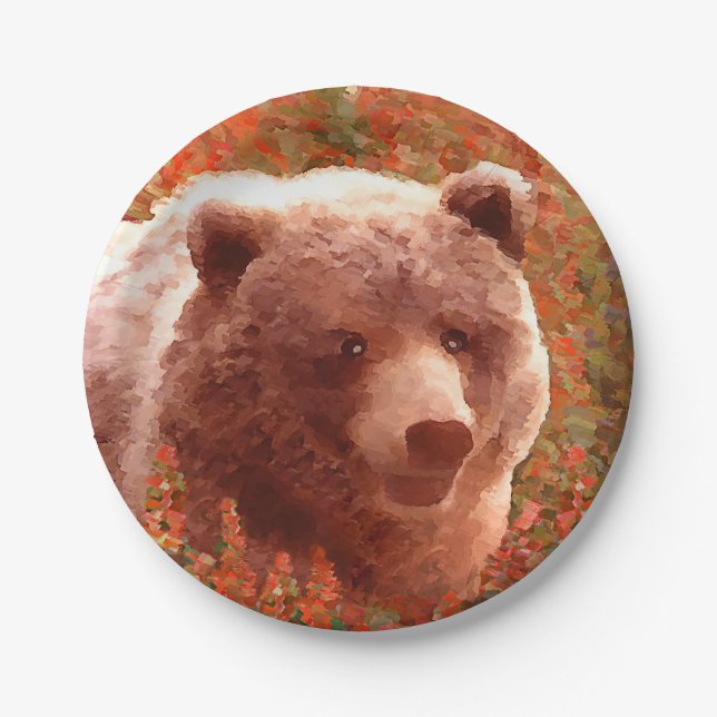 Prato De Papel Urso Grizzly na Pintura de Arte Selvagem com Algas (Frente)
