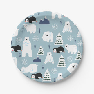 Prato De Papel Urso Inverno Cinto e Partido Azul Pinguim