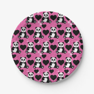 Prato De Papel Urso Panda Amante de Animais Corações Pretos Brilh