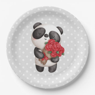 Prato De Papel Urso Panda Bonito com Rose Bouquet