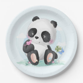 Prato De Papel Urso Panda de Aquarela com Borboletas