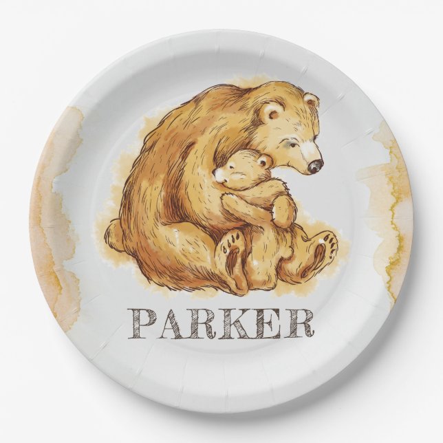 Prato De Papel Urso Personalizado de Aquarela (Frente)