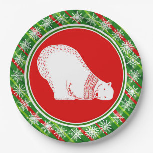 Prato De Papel Urso Polar Bonito Xadrez Vermelha Verde de Natal