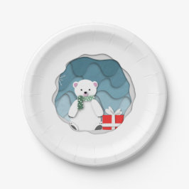 Prato De Papel Urso Polar Pequeno Whimsical com Presente Vermelho