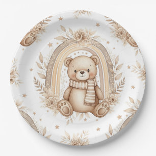 Prato De Papel Urso Teddy Boho Arco-íris Floral Neutro