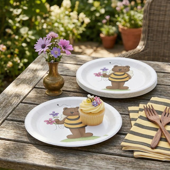 Prato De Papel Urso Vestido como Bumblebee com Flores (Criador carregado)