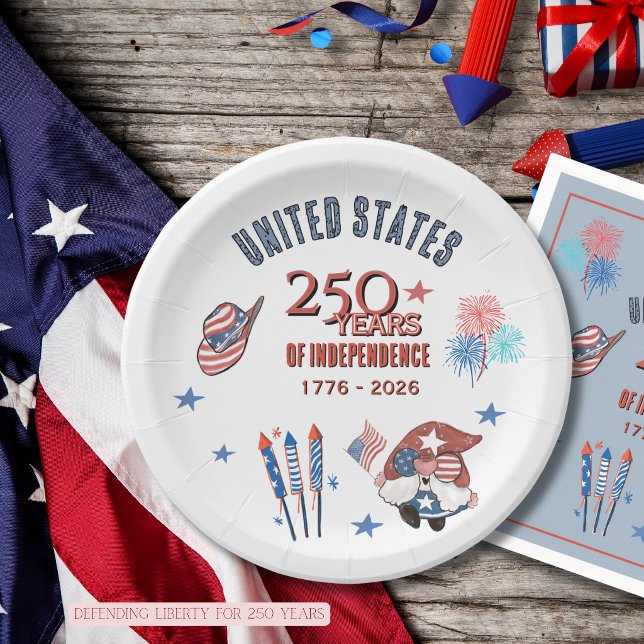 Prato De Papel US 250th Anniversary Patriotic Gnome Paper Plates (USA 250th Anniversary Patriotic Gnome Paper Plates)