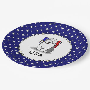 Prato De Papel USA American Flag Old English Sheepdog (Cinza 1)