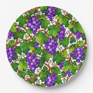 Prato De Papel Uvas Roxas e Folhas Verdes de Vinha