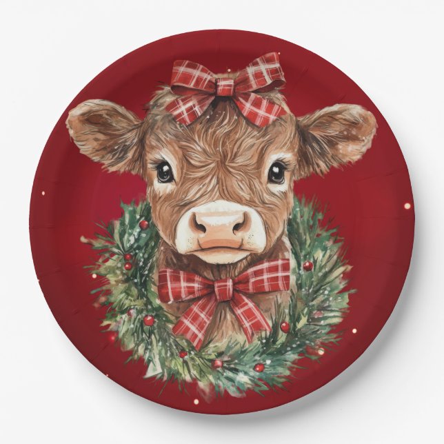 Prato De Papel Vaca de Highland Escocesa na Hora de Natal (Frente)
