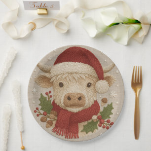 Prato De Papel Vaca do Planalto Russo com Santa Hat