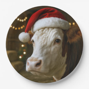 Prato De Papel Vaca Hereford de Natal Vestindo um Chapéu de Papai